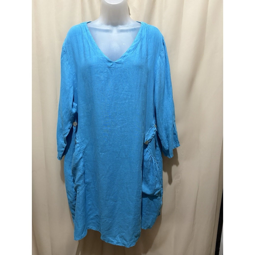 Match point Women's Long Sleeve V-Neck Linen Dress in Turquoise Blue